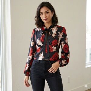 Shein Floral Print Long Lantern Sleeve Tie-Neck Blouse Size XL